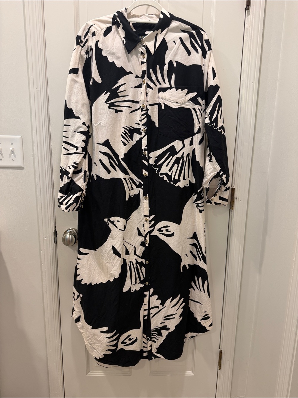 Maeve by Anthropologie Black and White Maxi Shirt Dress with Bird Print